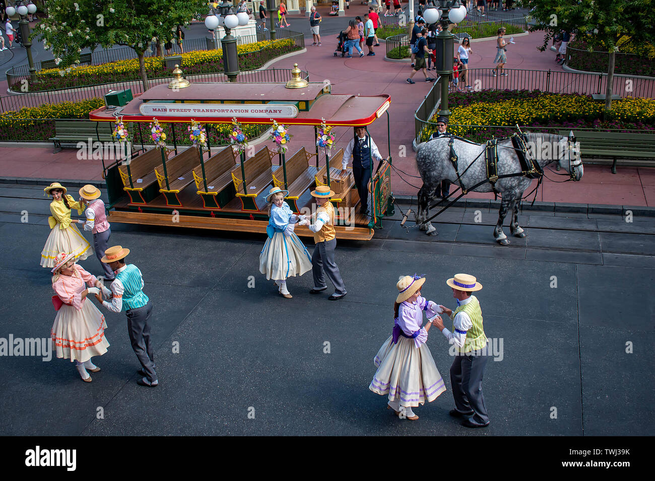 Orlando, Florida. May 10, 2019. Dancers in Main Street Trolley Show in