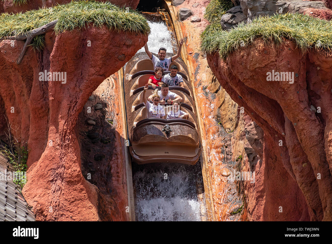 Orlando, Florida. May 10, 2019. People enjoying Splash Mountain in