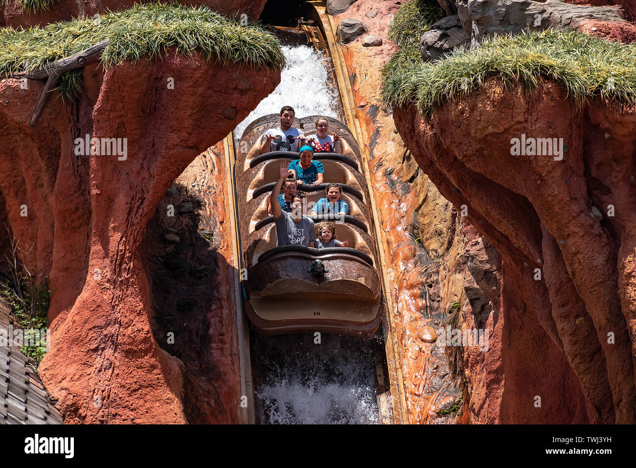 Orlando, Florida. May 10, 2019. People enjoying Splash Mountain in