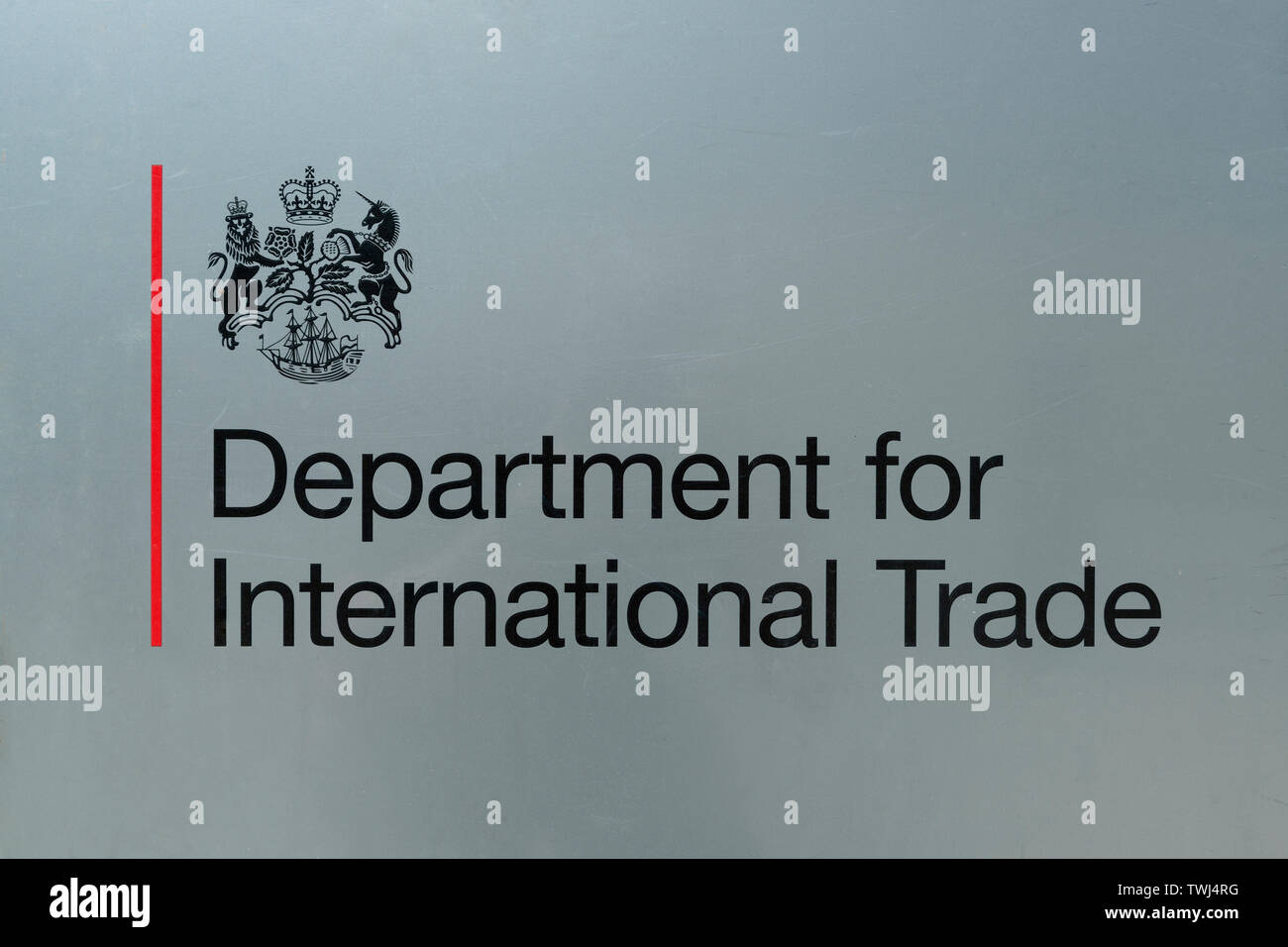 Signage for the Department for International Trade building located on Whitehall in London, UK. Stock Photo