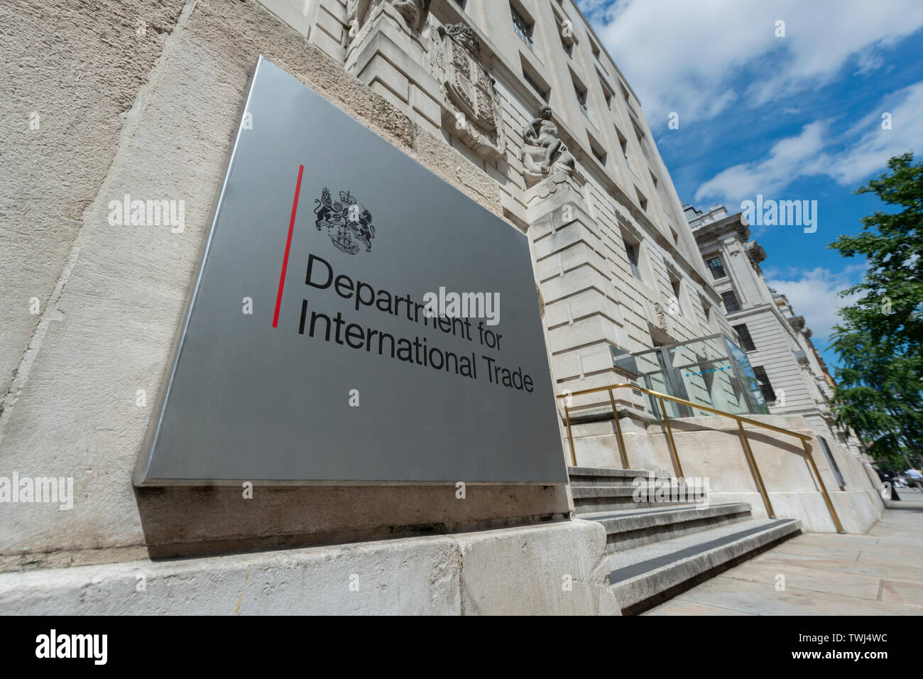 Signage for the Department for International Trade building located on Whitehall in London, UK. Stock Photo