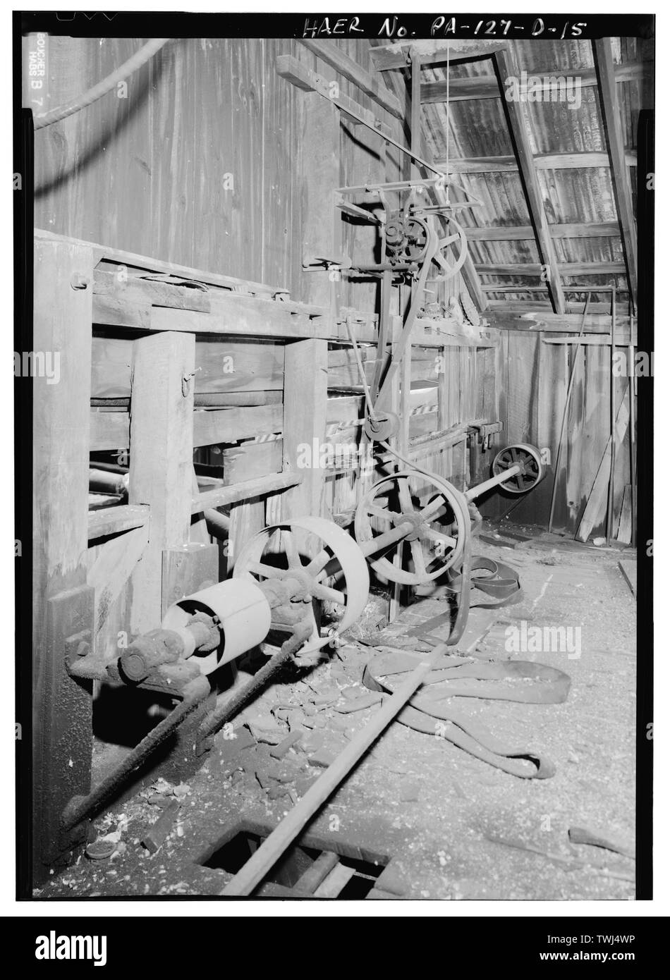 Second floor, view from east, to power shaft, along southwest wall. - East Broad Top Railroad and Coal Company, Foundry, State Route 994, West of U.S. Route 522, Rockhill Furnace, Huntingdon County, PA; Perrottet and Hoyt; Benz, transmitter; Dixon, Robert, delineator; Yang, Isabel, delineator Stock Photo