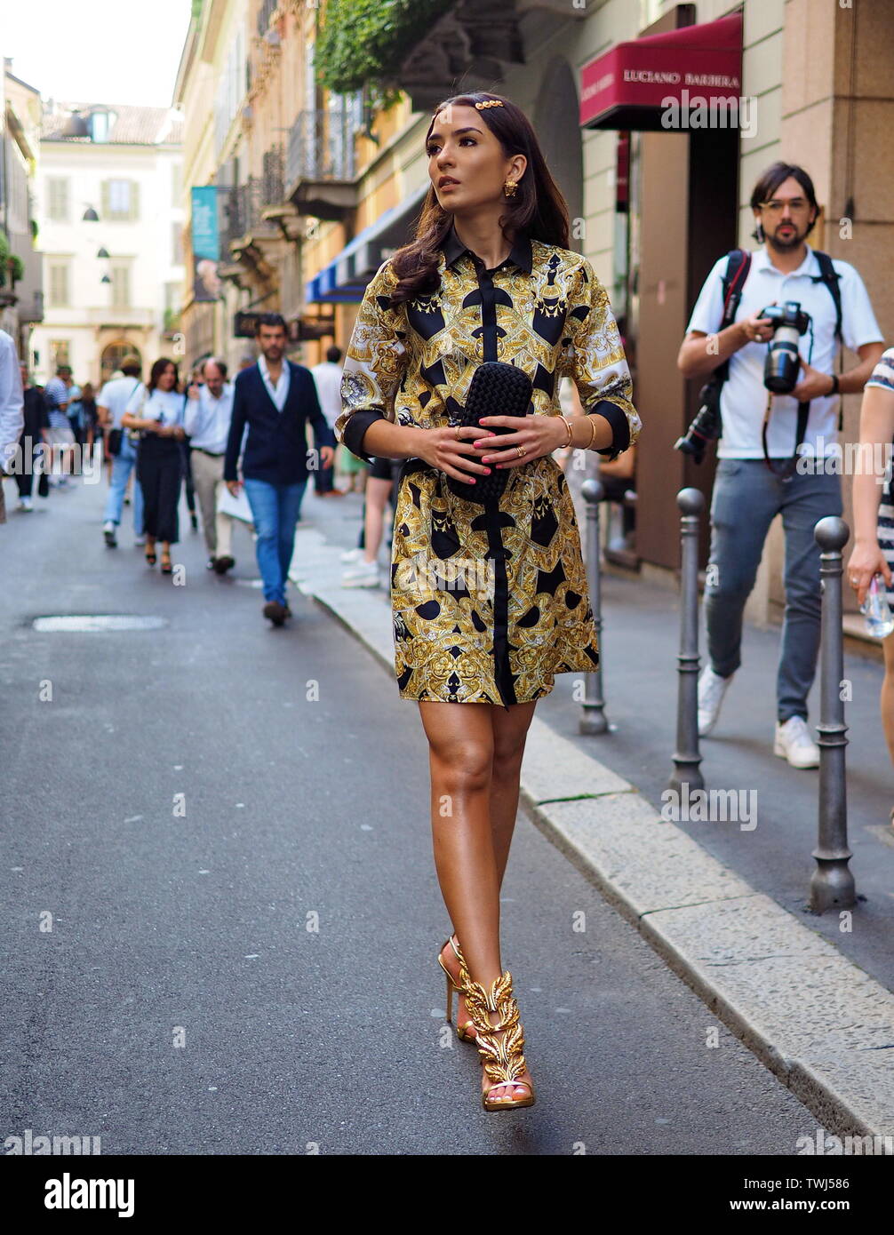 MILANO, Italy: 15 June 2019: Fashion bloggers street style outfits after Versace  fashion show during Milano Fashion Week man 2019/2020 Stock Photo - Alamy