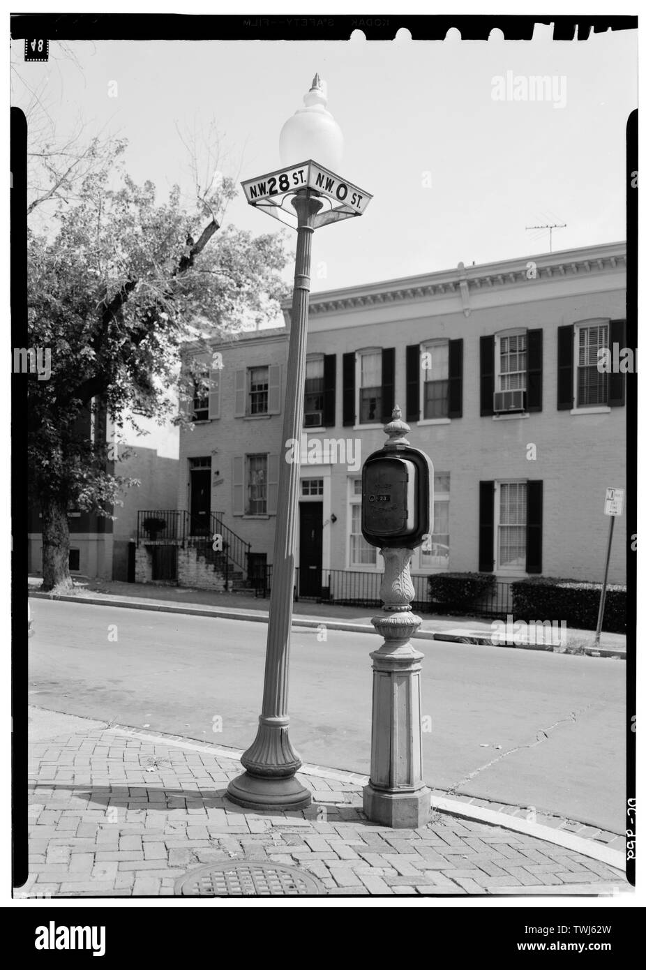 September 1969 CALL BOX AND STREET LAMP 28th AND O STREETS, N.W. - Georgetown Street Furniture, Georgetown Vicinity, Washington, District of Columbia, DC Stock Photo