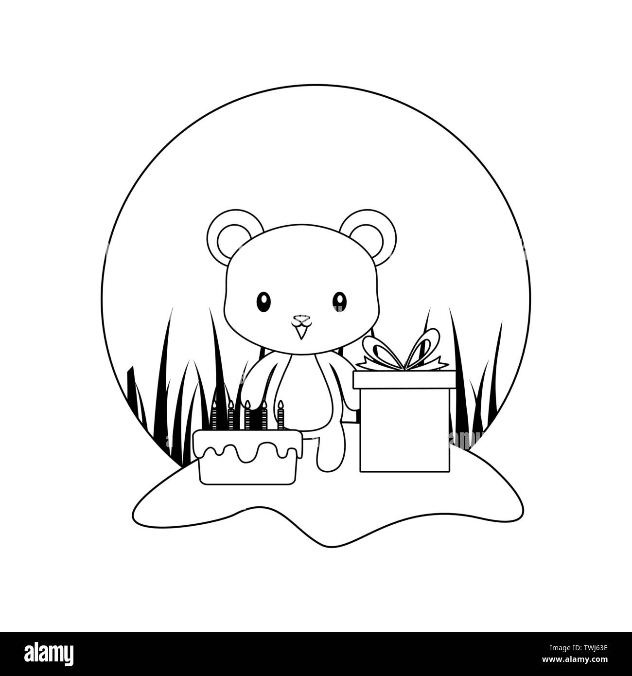 cute bear with cake of birthday and gift box vector illustration design Stock Vector
