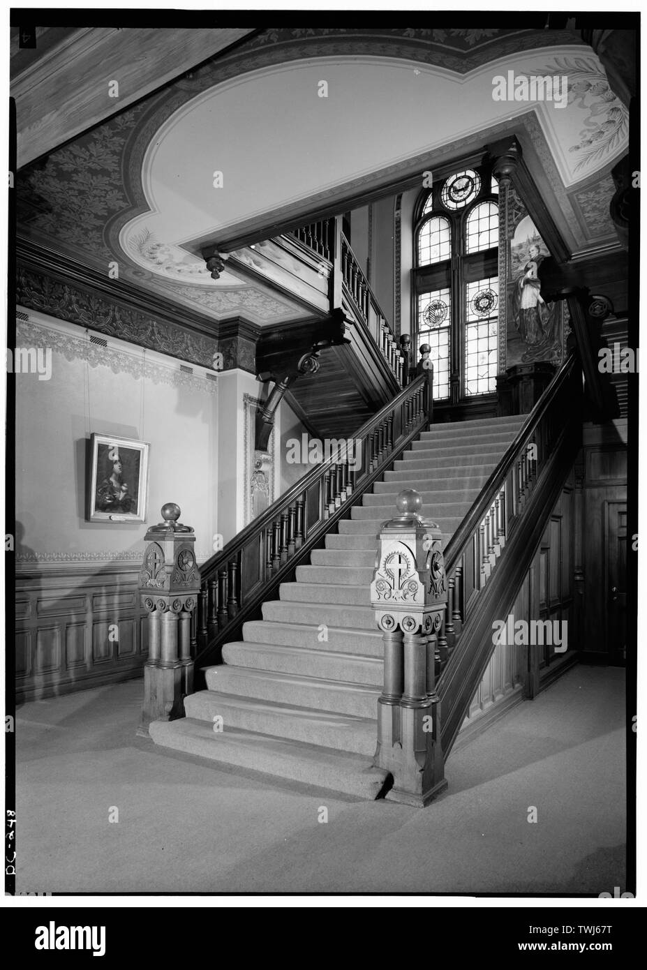 September 1969 MAIN STAIRWAY IN NORTH WING - Georgetown University, Healy Building, Thirty-seventh and O Streets, Northwest, Washington, District of Columbia, DC Stock Photo