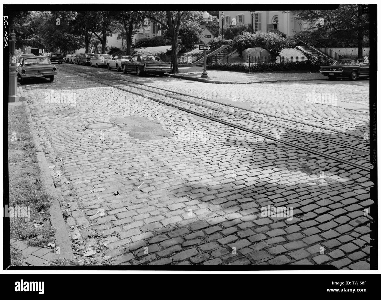 September 1969 PAVING BLOCKS AND STREET CAR RAILS O STREET AT POTOMAC STREET, LOOKING SOUTHEAST - Georgetown Street Furniture, Georgetown Vicinity, Washington, District of Columbia, DC Stock Photo