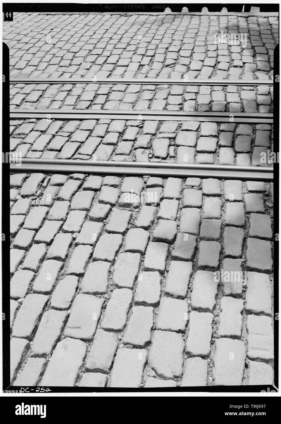 September 1969 STREETCAR RAILS, O AND POTOMAC STREETS, N.W. - Georgetown Street Furniture, Georgetown Vicinity, Washington, District of Columbia, DC Stock Photo