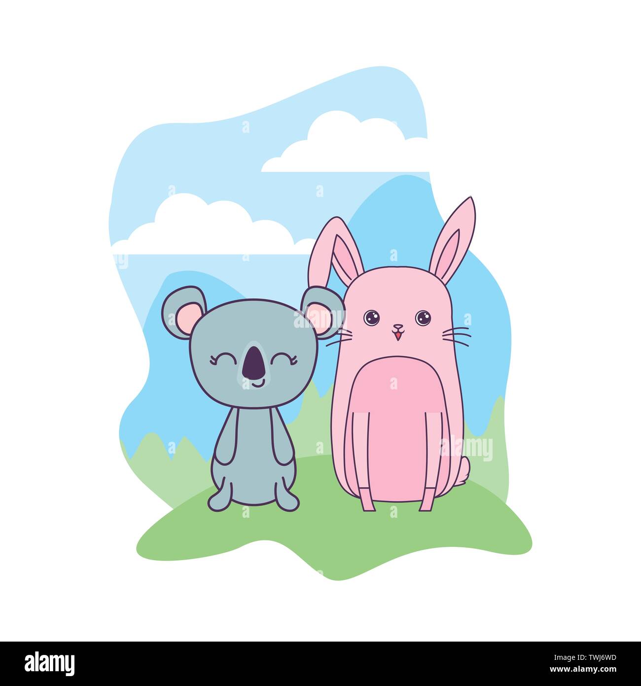 cute rabbit with koala animals in landscape vector illustration design ...