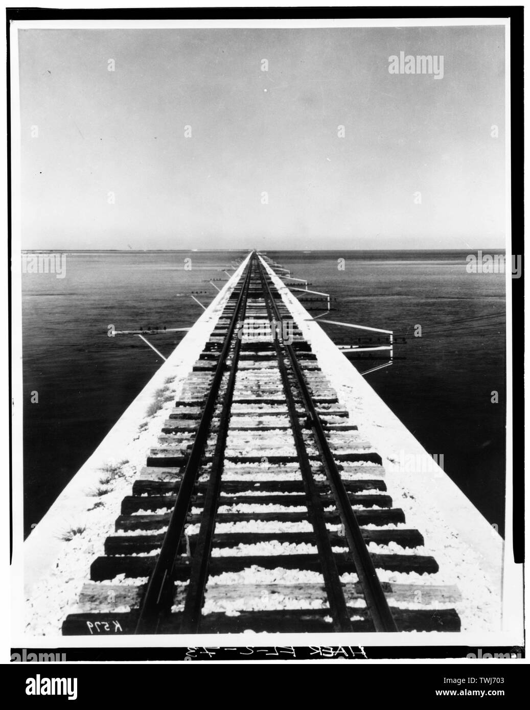 Seven-Mile Bridge, view of tracks on concrete base, no date (Perez donation K-579). - Seven Mile Bridge, Linking Florida Keys, Marathon, Monroe County, FL Stock Photo