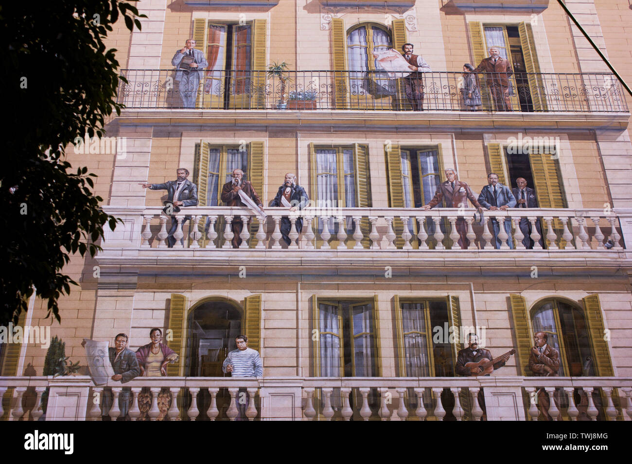 Barcelona trompe L'oeil mural depicting famous artists and other influencers in the history of Spain. Stock Photo