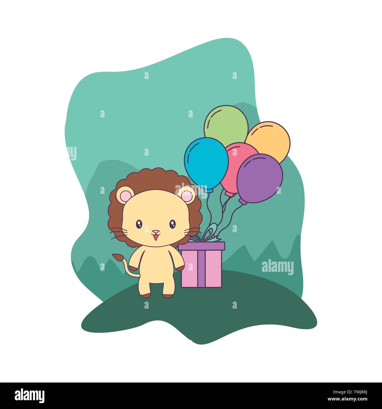 cute lion with gift box and balloons helium vector illustration design ...