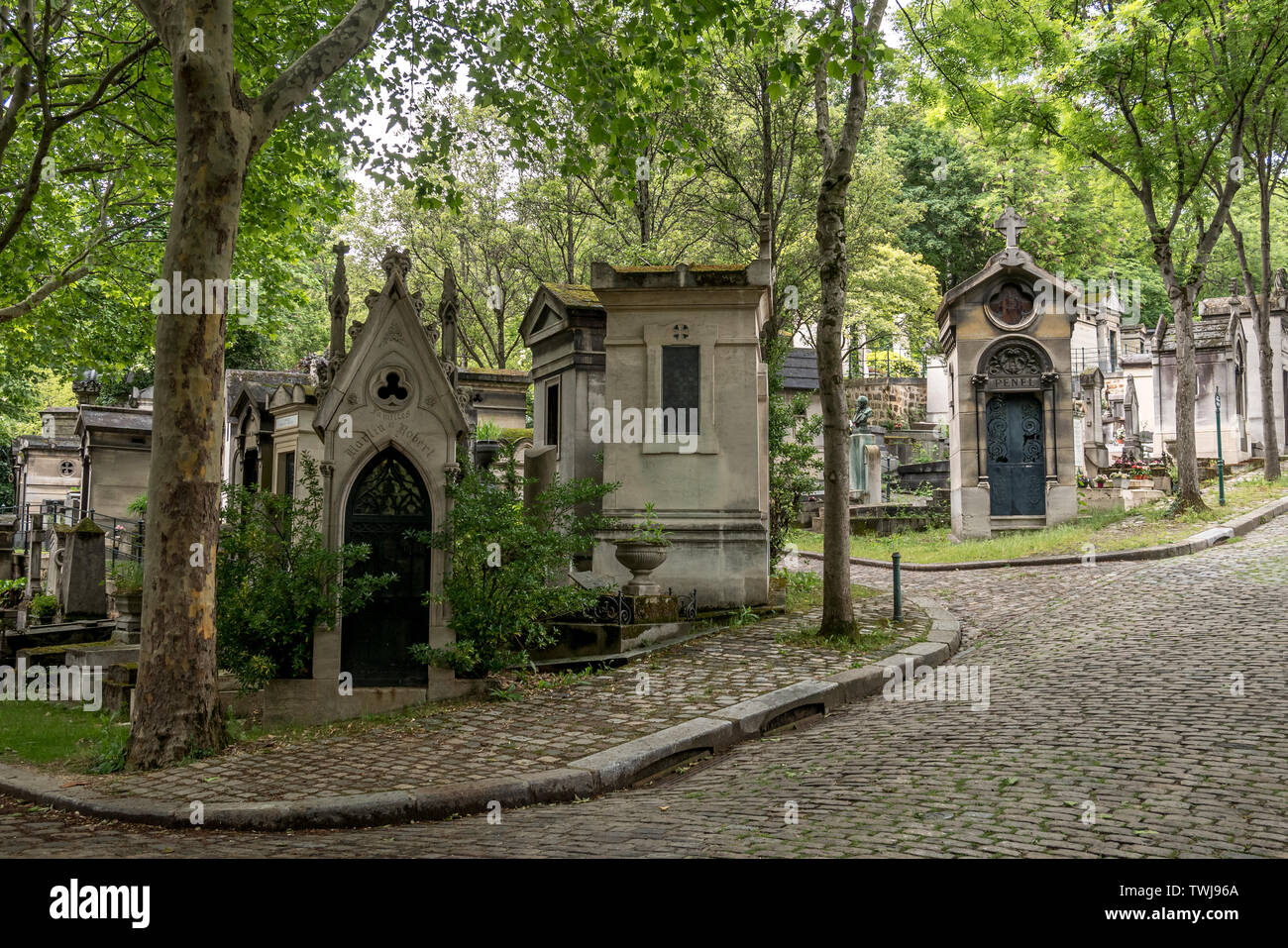 Pere Lachaise cemetery, tombs, paths and trees, Paris, France Stock Photo