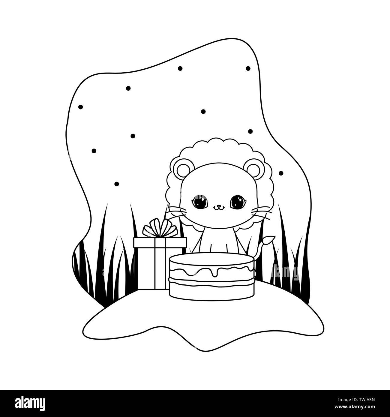 cute lion with cake of birthday and gift box vector illustration design ...