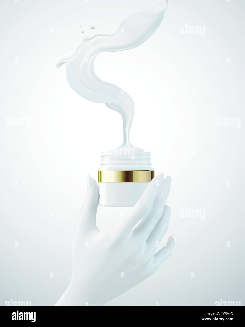 Hand holding cream jar with liquid flying out from the package in 3d