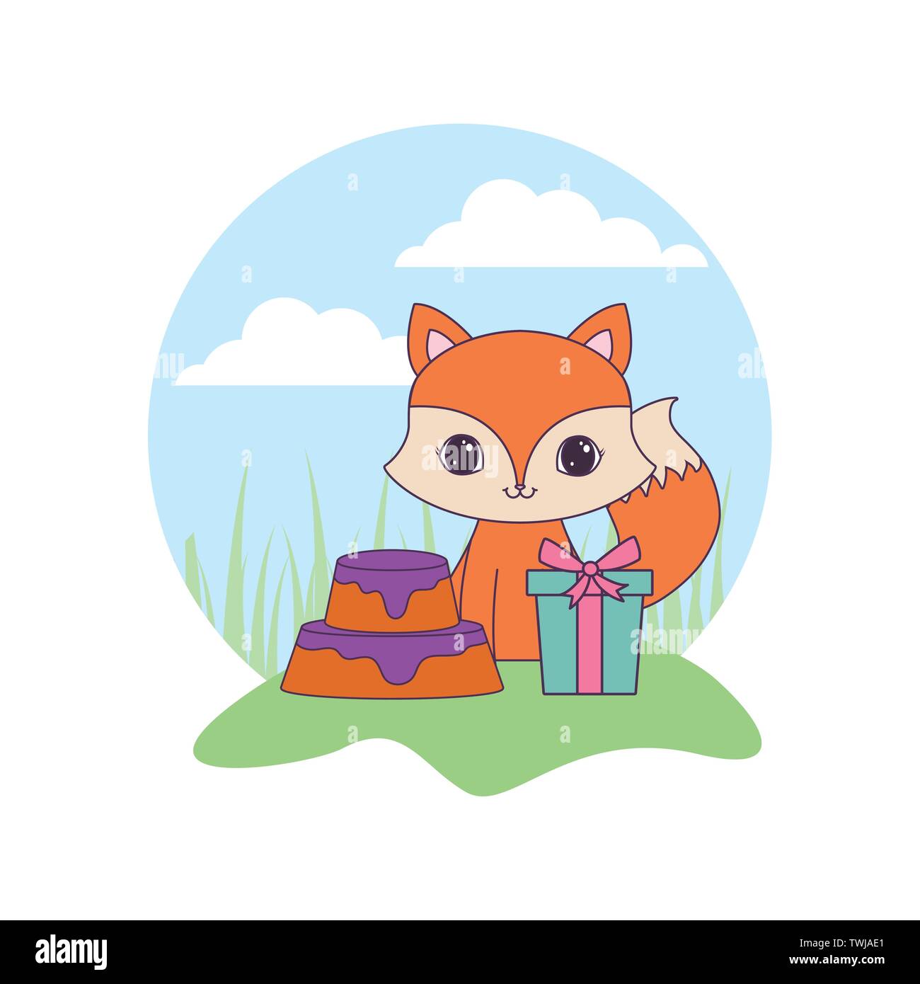 cute fox with cake of birthday and gift box in landscape vector ...