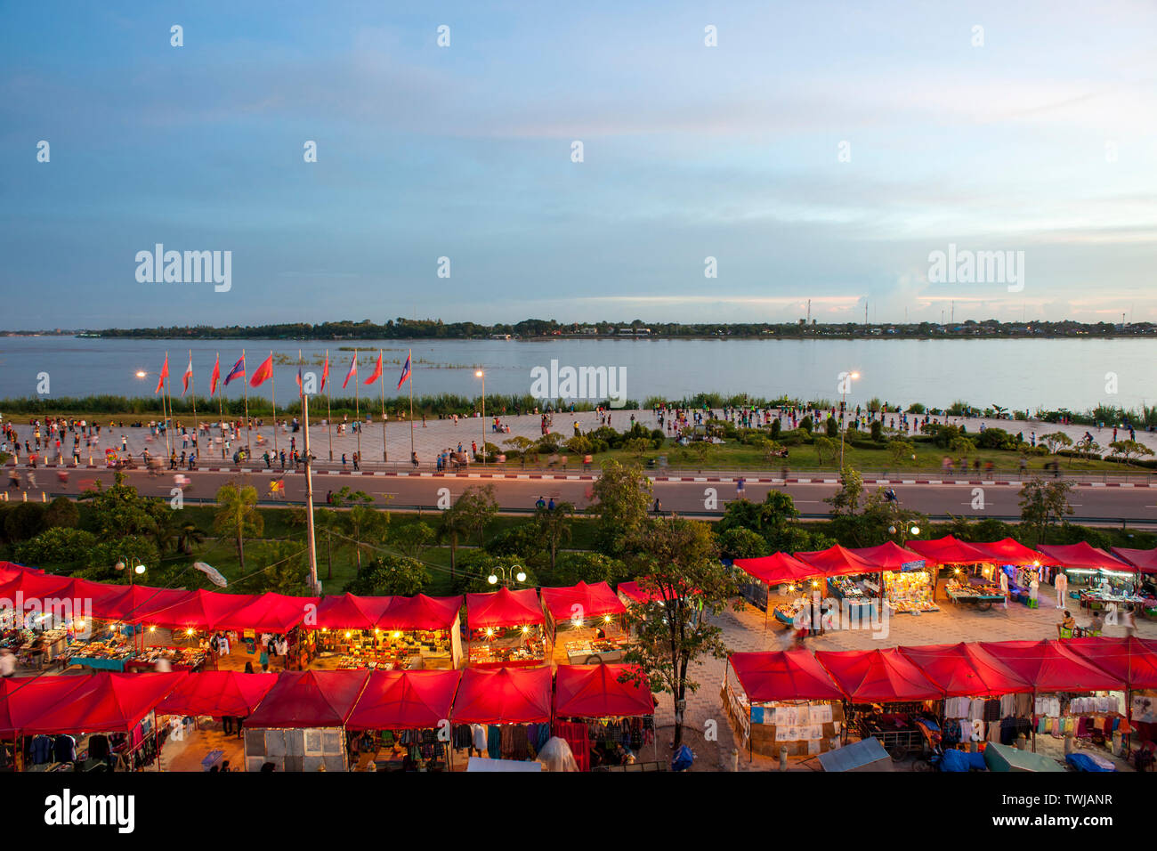 View over the night market and Mekong river at the waterfront in Vientiane, Laos. Stock Photo
