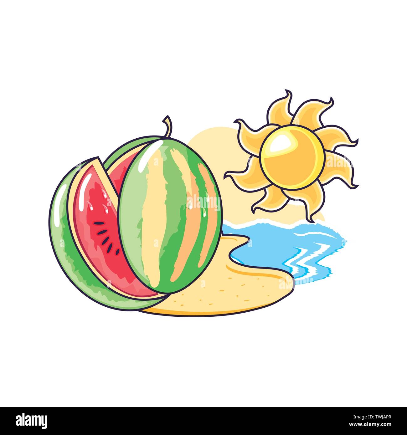 healthy watermelon fruit in the beach with sun vector illustration ...