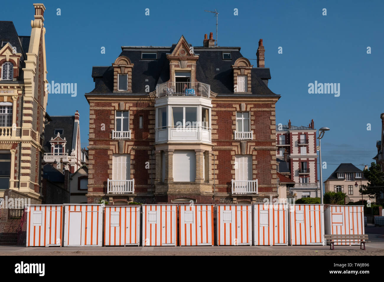 Typical houses and beach cabins of Houlgate, Normandy, France Stock Photo