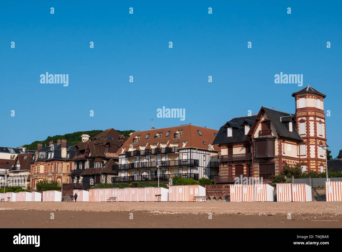 Houlgate, France - June 4, 2019: Typical houses and beach cabins of Houlgate. Stock Photo