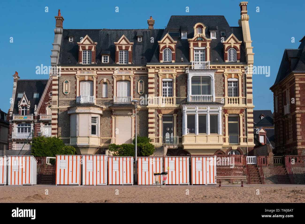 Typical houses and beach cabins of Houlgate, Normandy, France Stock Photo