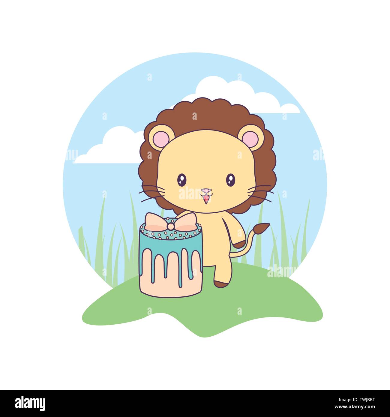 cute lion animal with cake of birthday in landscape vector illustration ...