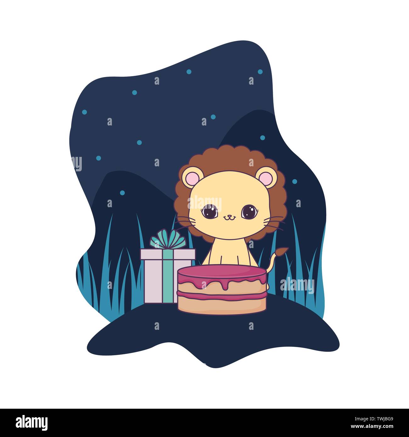 cute lion with cake of birthday and gift box vector illustration design ...