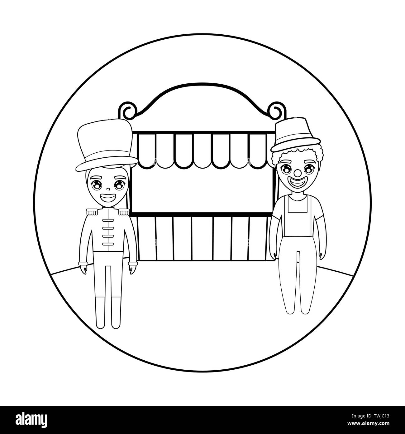 circus presenter male with clown and tent circus vector illustration ...
