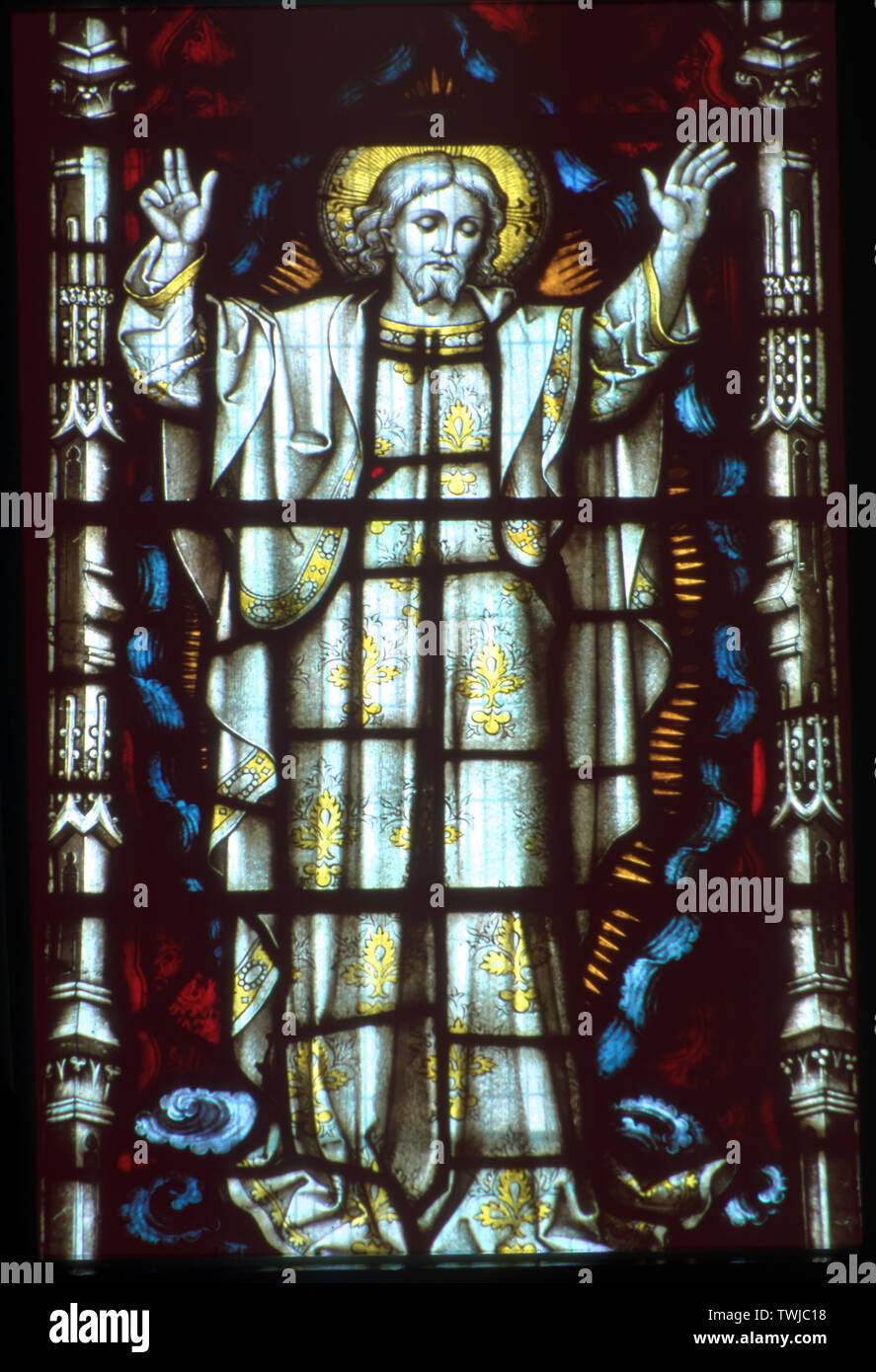 Stained glass window, Christ Ascended, St Edmund's, Assington, Suffolk, UK. Stock Photo