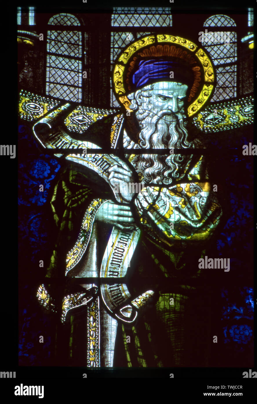 Stained glass window, Moses, St Edmund's, Assington, Suffolk, UK. Stock Photo