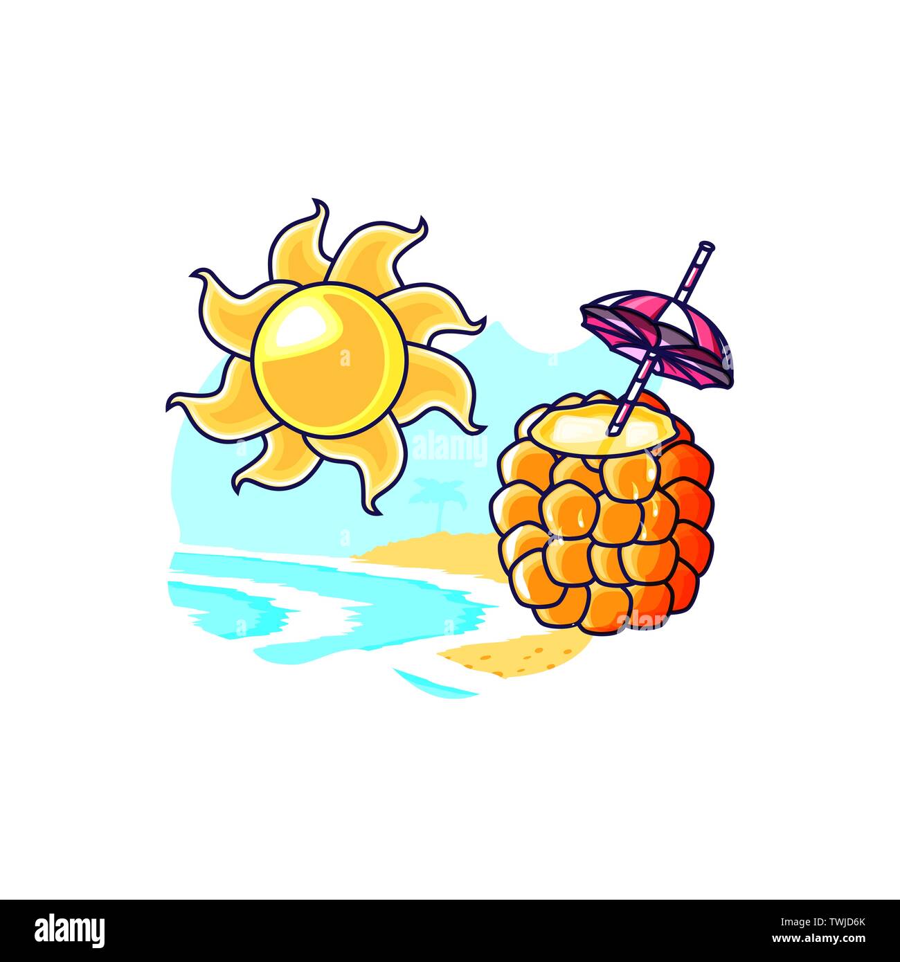 cocktail of pineapple in the beach with umbrella vector illustration ...