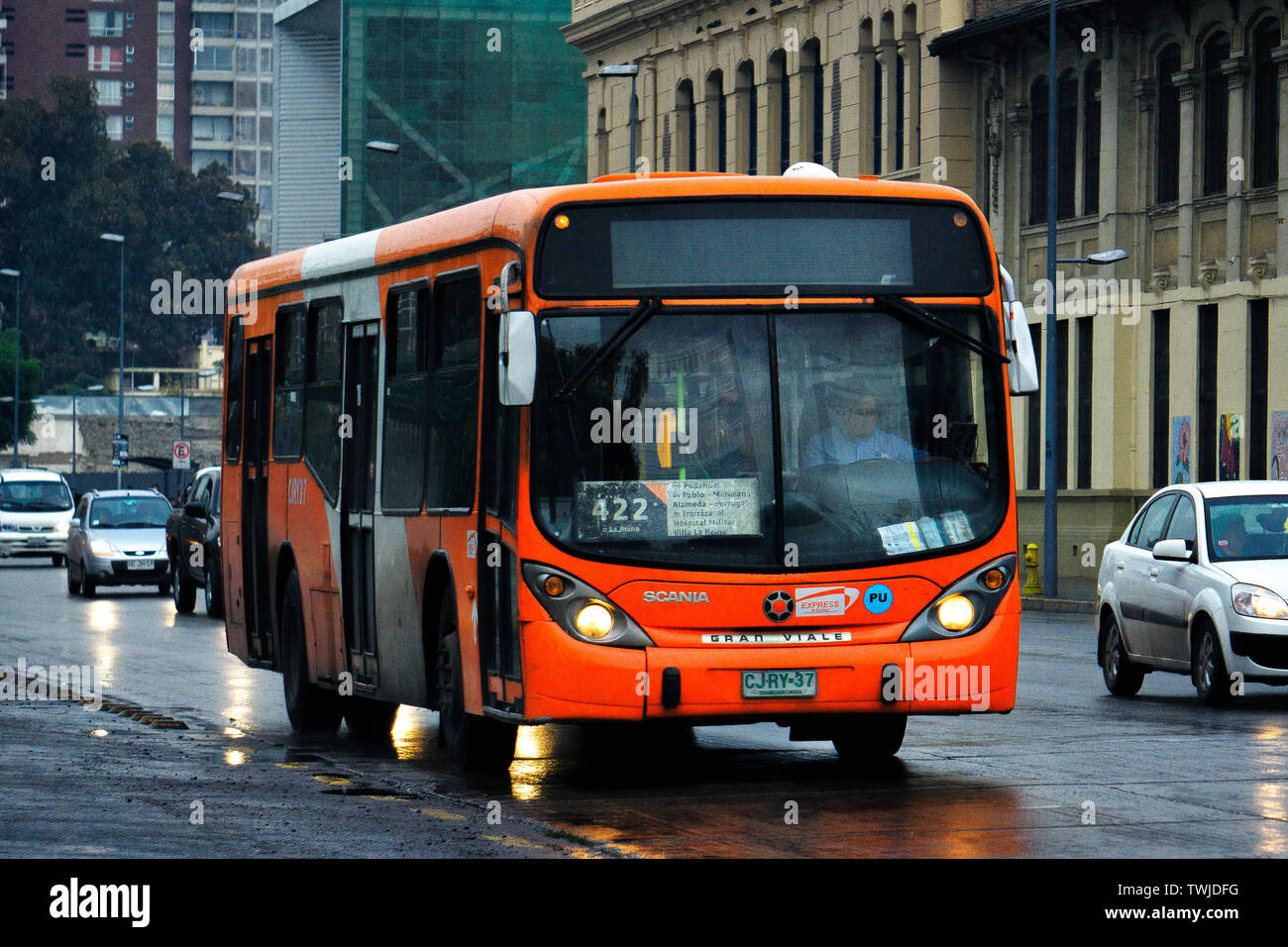 SANTIAGO, CHILE - APRIL 2016: A Transantiago bus during a rainy day Stock Photo