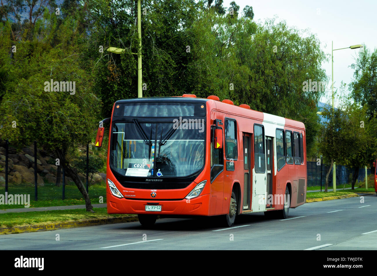 SANTIAGO, CHILE - JULY 2018: Transantiago bus near San Carlos de