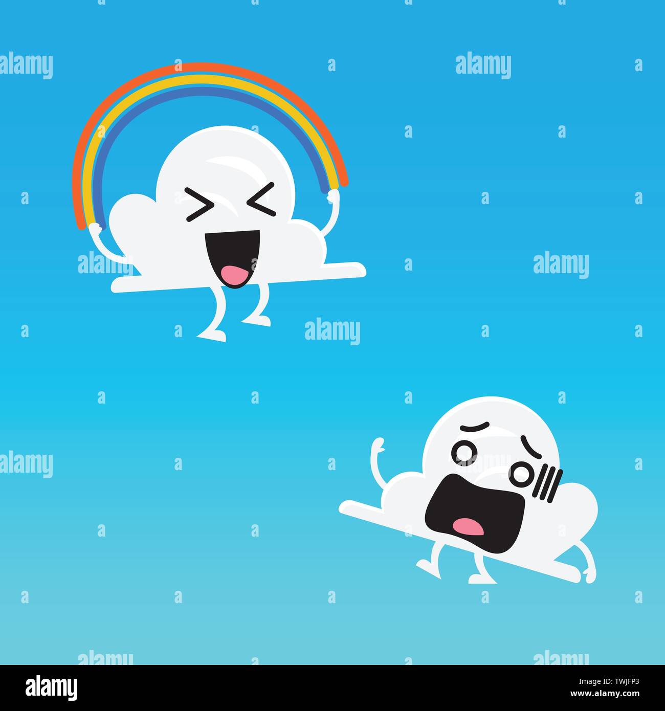 Cloud character and friend jumping rainbow rope. Vector illustration Stock Vector