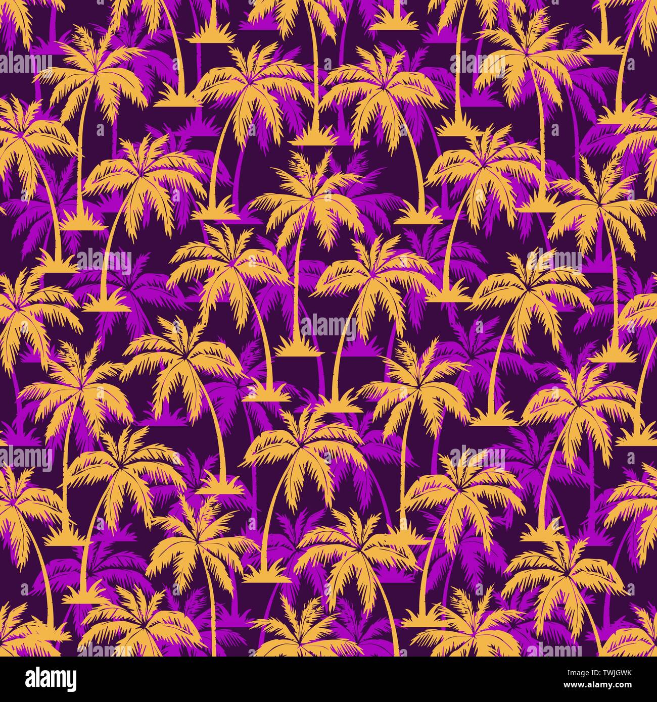 Palm tree seamless pattern. Hawaiian palm trees repeating pattern. Yellow on purple background. Vector illustration. for print, textile, web, Stock Vector