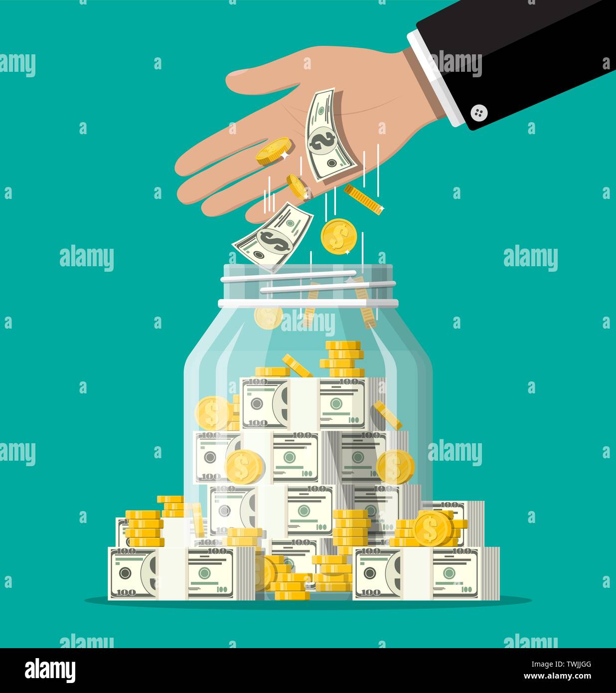 Glass money jar full of gold coins and banknotes. Stock Vector