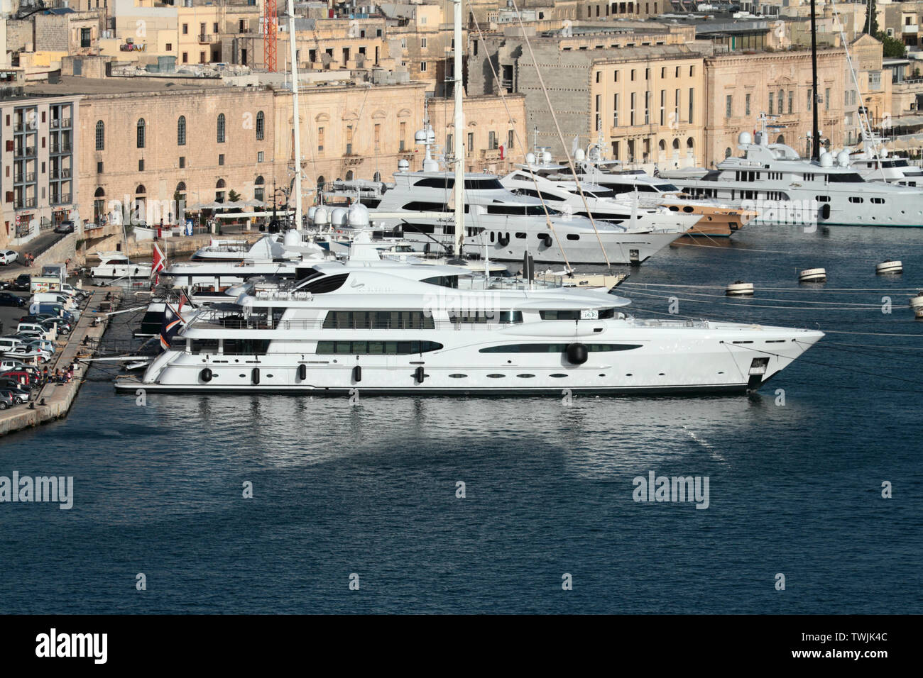 The 65.7m Amels superyacht Sea Rhapsody in the Grand Harbour Yacht Marina, Birgu, Malta Stock Photo