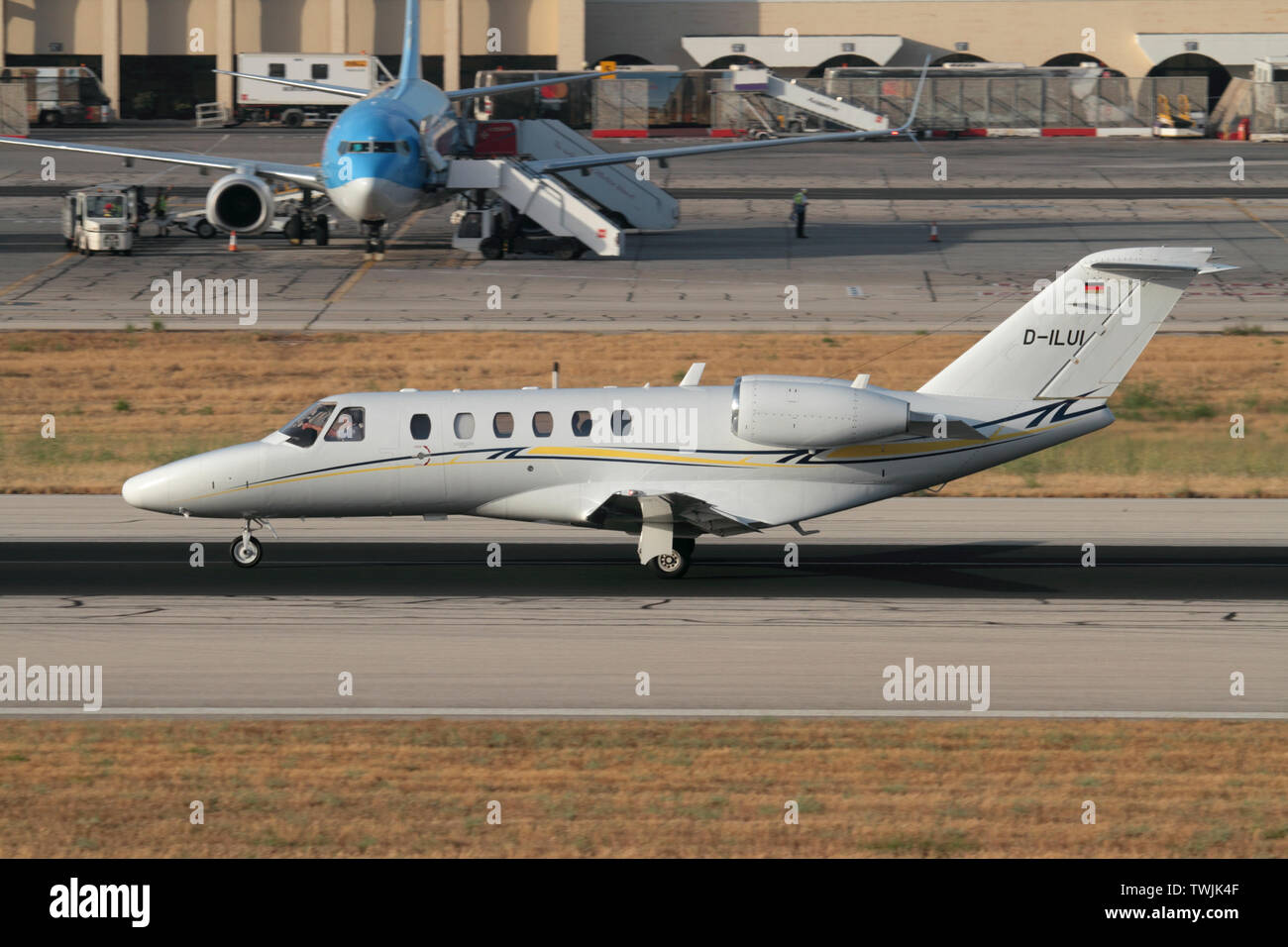 Cessna Citation CJ2+ private jet plane on the runway after landing at Malta International Airport. Executive air travel. Stock Photo