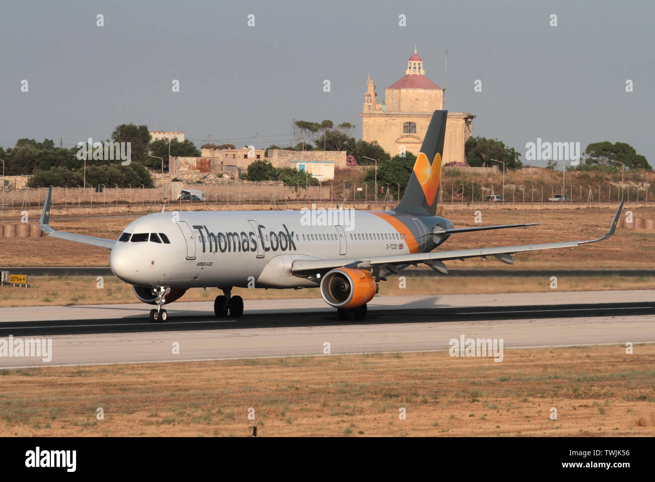 Thomas Cook Airlines Airbus A321-200 jet airliner taking off from Malta. Air travel and tourism in the Mediterranean. Stock Photo