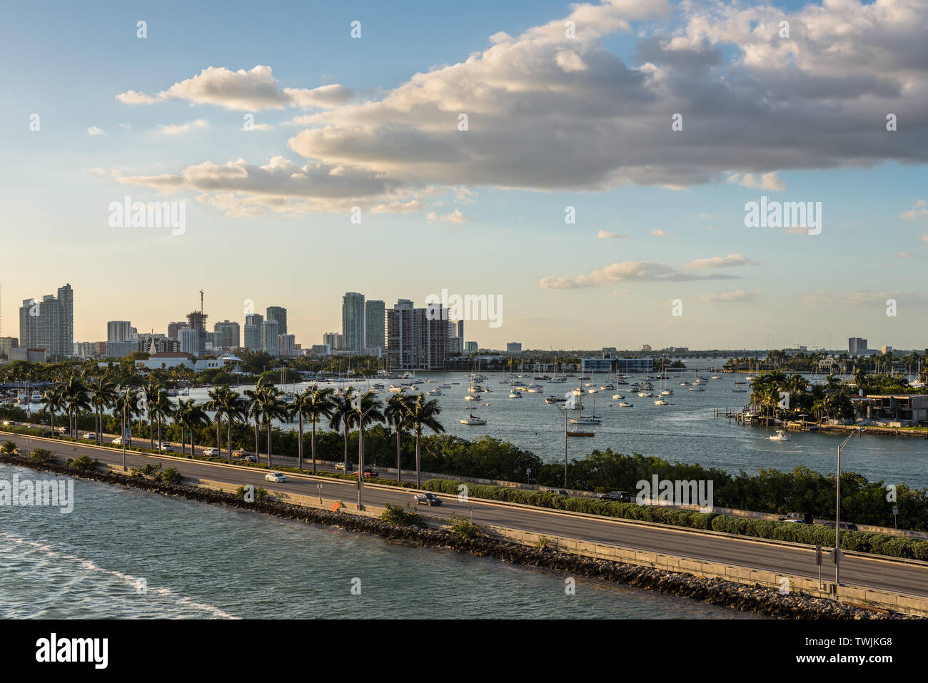 Miami, FL, United States - April 20, 2019: View of MacArthur Causeway and Biscayne Bay in Miami, Florida, United States of America. Stock Photo