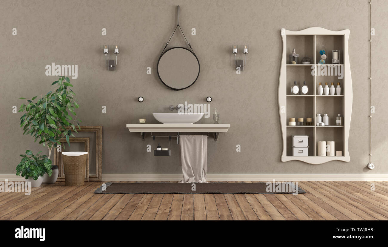 Classic bathroom with washbasin on shelf and niche with objects - 3d rendering Stock Photo