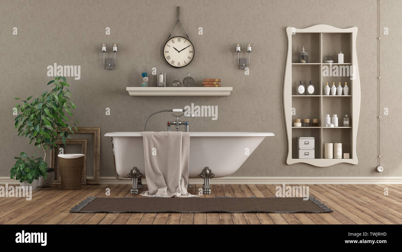Classic bathroom with stucco wall, bathtub and niche with objects - 3d rendering Stock Photo