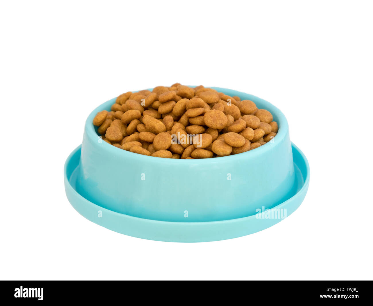 Dog food pellets in blue plastic tray,isolated on white background