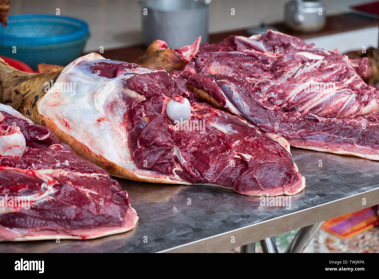 Dog meat sliced local food put for selling Stock Photo
