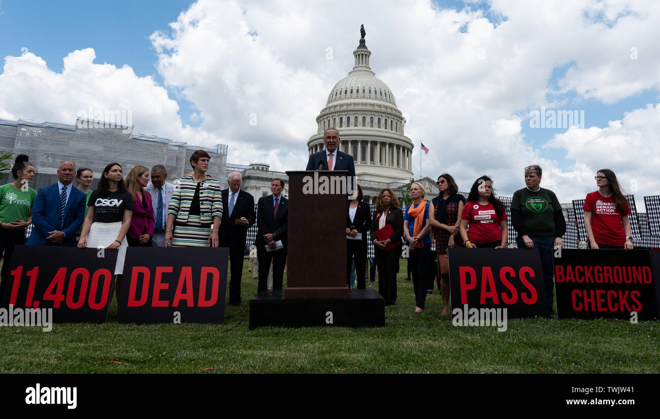 Washington, United States. 20th June, 2019. Senate Minority Leader Chuck Schumer (D-NY) speaks during the event in front of the Capitol to urge the passage of the H.R. 8 universal (gun ownership) background checks legislation. Event was held at the grass on the eastern side of the U.S. Capitol in Washington, DC. Credit: SOPA Images Limited/Alamy Live News Stock Photo