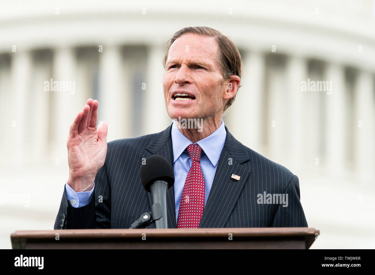 Washington, United States. 20th June, 2019. U.S. Senator Richard Blumenthal (D-CT) speaks during the event in front of the Capitol to urge the passage of the H.R. 8 universal (gun ownership) background checks legislation. Event was held at the grass on the eastern side of the U.S. Capitol in Washington, DC. Credit: SOPA Images Limited/Alamy Live News Stock Photo