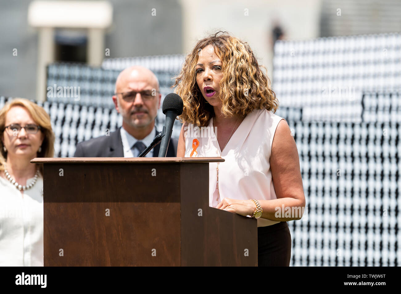 Washington, United States. 20th June, 2019. U.S. Representative Lucy McBath (D-GA) speaks during the event in front of the Capitol to urge the passage of the H.R. 8 universal (gun ownership) background checks legislation. Event was held at the grass on the eastern side of the U.S. Capitol in Washington, DC. Credit: SOPA Images Limited/Alamy Live News Stock Photo