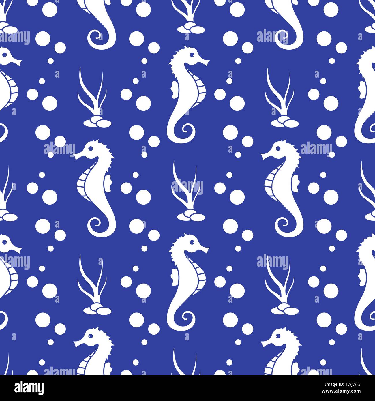 Vector seamless pattern with sea horses, underwater plants and bubbles ...