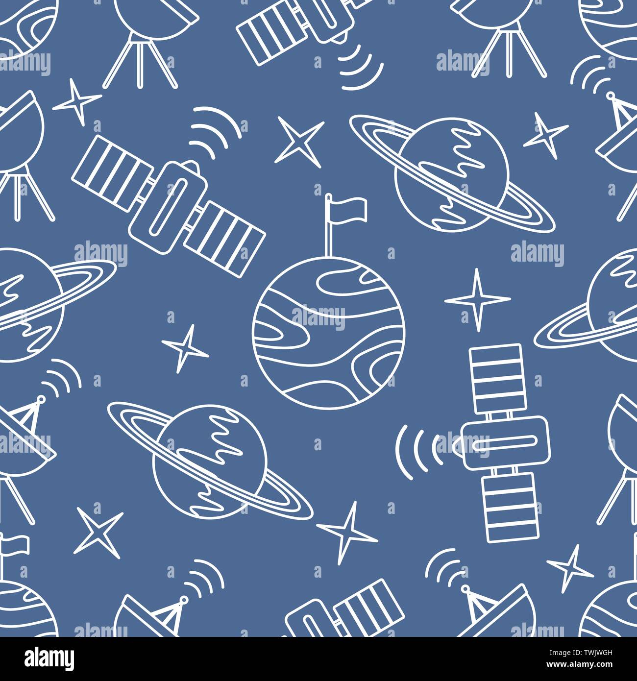 Seamless vector pattern with planets, Saturn, stars, orbital station ...