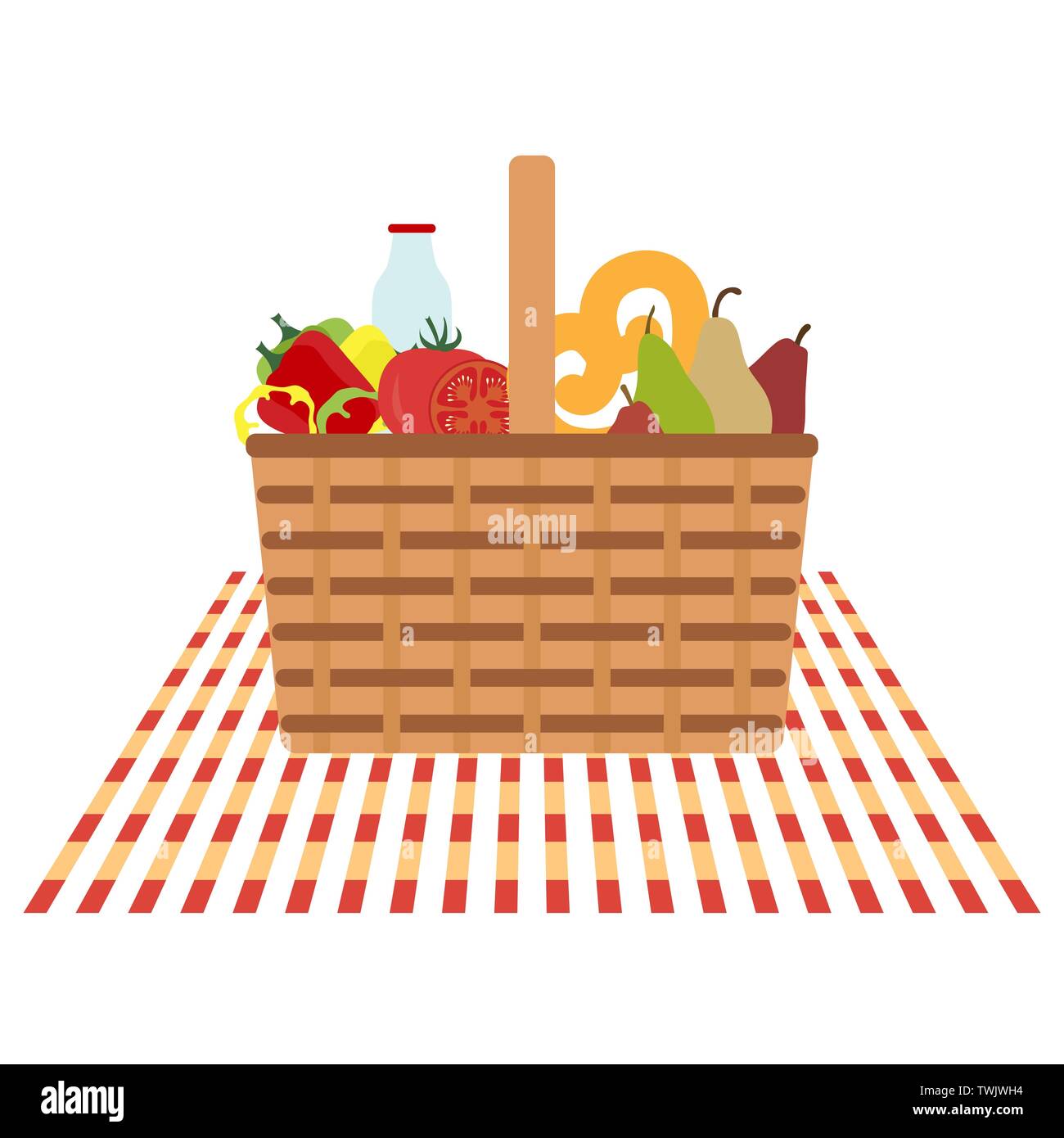 Vector illustration with wicker picnic basket with food and drink ...